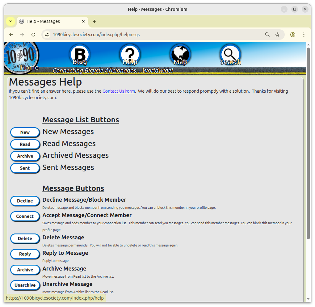 Message help page explaining connect decline archive delete and reply options